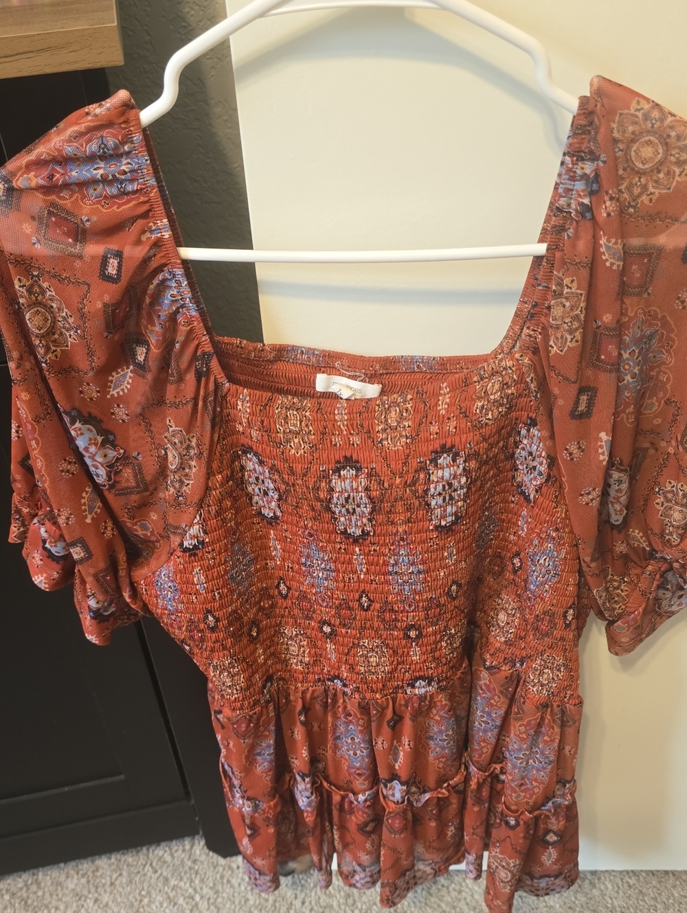 Maurices Rust Floral Smocked Peasant Top with Blue Accents